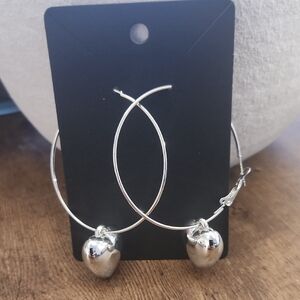 Silver Hoop Earrings with Dangling Heart Charms